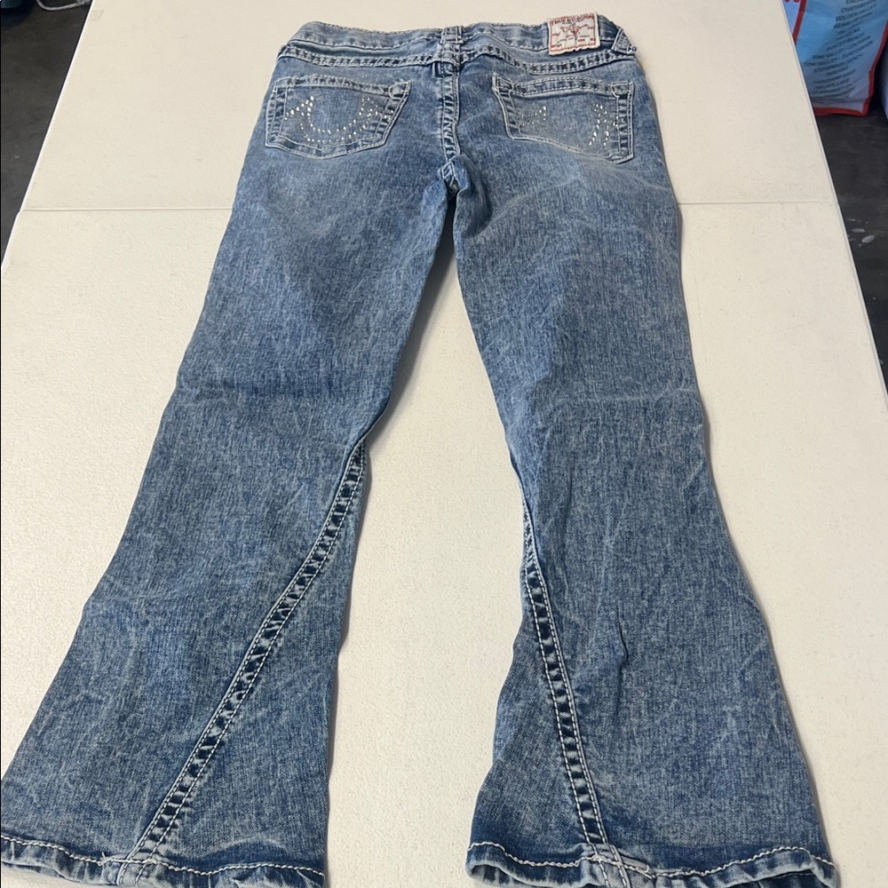 True Religion Women's Blue Washed Flare Jeans with Embellished Pockets